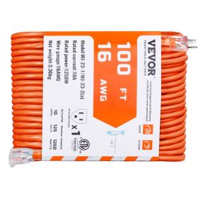 VEVOR 100FT Indoor Outdoor Extension Cord, 16AWG 10Amps 1250W, 3 Prongs Appliance Electric Cord with Lighted End