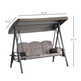 3-Seat Patio Swing Chair, Outdoor Porch Swing Glider With Adjustable Canopy, Removable Cushion, Pillows And Side Trays, For Garden, Poolside, Bac (Option: Brown Frame)